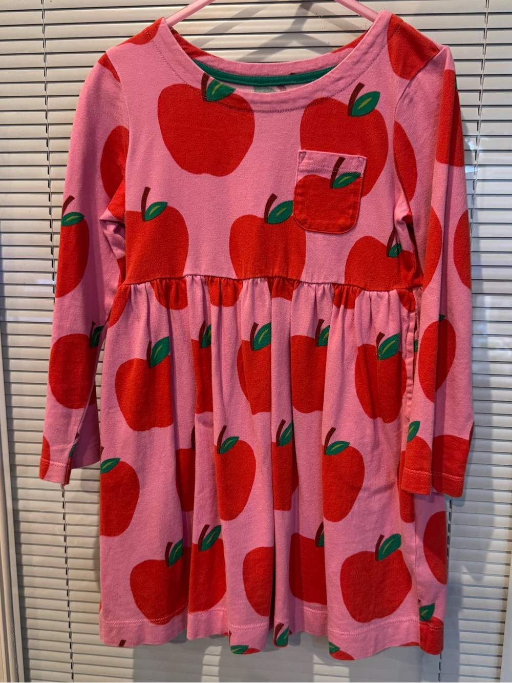 Mini Boden Girls Apple Print Dress 4-5Y Pink Red Long Sleeve Pocket